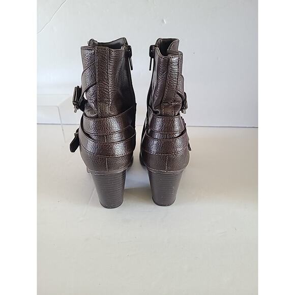 JUSTFAB Willena WMS 5.5 Boots Brown Mid Calf Block Heels Booties Buckle Zip - Picture 5 of 12